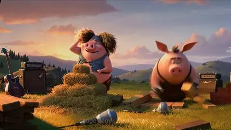 Three animated punk rock pigs building a stage with straw, wood, and bricks at sunrise, with musical instruments around.