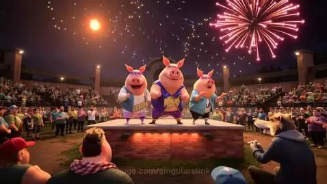 Three pigs performing on a stage with fireworks in the night sky and a cheering crowd.