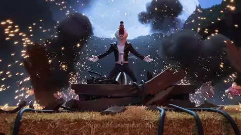 Animated wolf in leather jacket singing into microphone on stage with pigs playing instruments under a full moon.