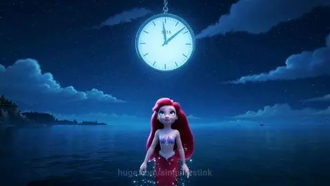 Animated mermaid with pink hair and shimmering tail in a dark ocean, rising towards a glowing clock.