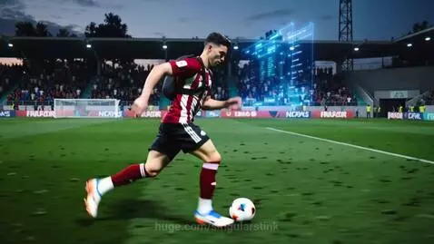 Football player in a red and white jersey looking at a futuristic blue holographic interface on a smartphone on a field.