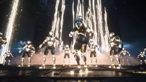 Numerous glowing AI entities merging and rising to form a massive, complex, towering structure with futuristic textures and energy lines.