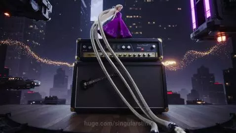 Rapunzel doll with blonde hair as XLR cables, standing on a vintage guitar amp with a futuristic city backdrop.