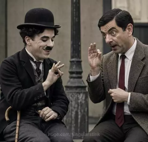 Man dressed as Charlie Chaplin and man dressed as Mr. Bean gesturing and talking with sign language outdoors.