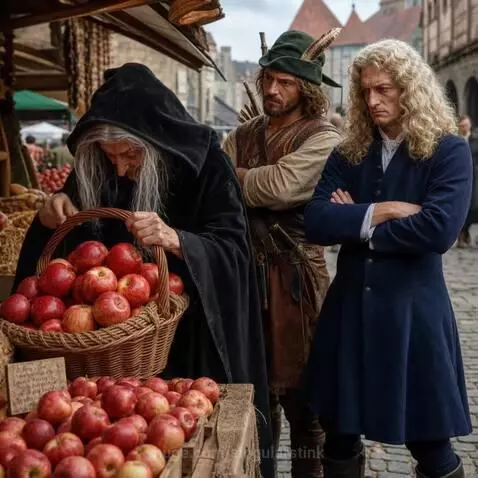 Evil Queen in a hooded cloak selecting apples at a medieval market stall, with Newton and William Tell observing.