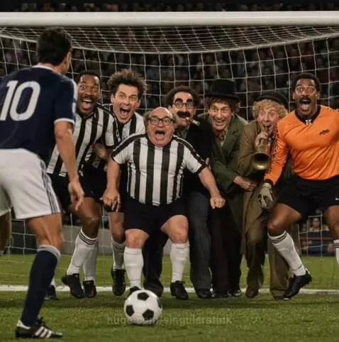 Comedic soccer wall of celebrities like Danny DeVito and Eddie Murphy facing a free kick.