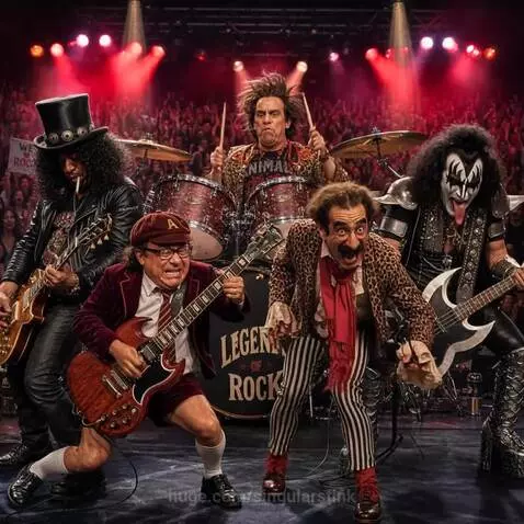 Comedians as a rock band on stage: Eddie Murphy as Slash, Danny DeVito as Angus Young, Jim Carrey on drums, Groucho Marx, and Harpo Marx as KISS.