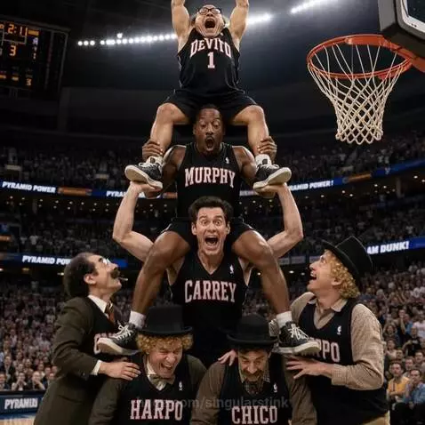 Comedians form a human pyramid on a basketball court, with Danny DeVito at the top holding a basketball.