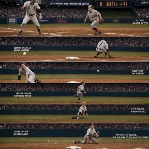 Comedic baseball scene with Danny DeVito, Eddie Murphy, Jim Carrey, and Marx Brothers failing to field a rolling ball.