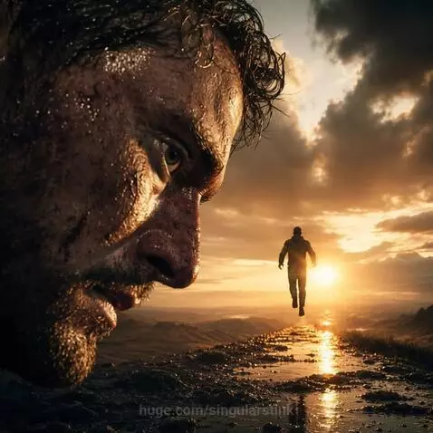 Close-up of a man's dirty face looking down, with a fiery explosion and a glowing figure walking towards a sunset in the background.