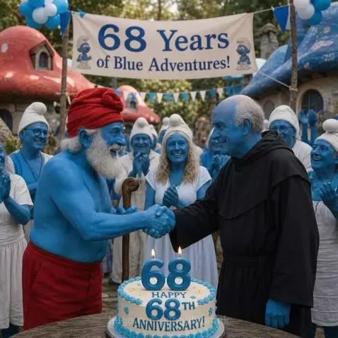 Papa Smurf and Gargamel shaking hands over a cake celebrating the Smurfs' 68th anniversary in a festive village.