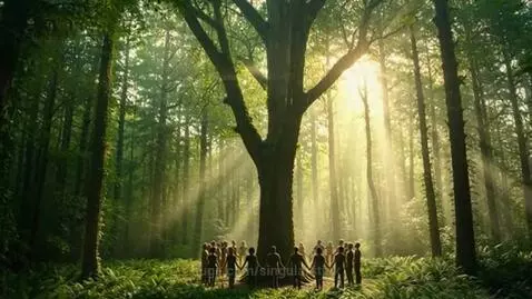 People in a joyful circle around a majestic tree in a sun-drenched forest, experiencing gentle rain.