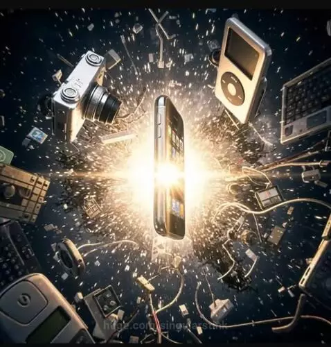 Artistic representation of old electronic devices merging into the first iPhone in a dark, glowing environment.