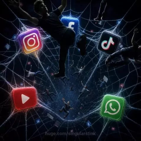 Giant digital spider web made of fiber optics with social media logos, trapping human figures.
