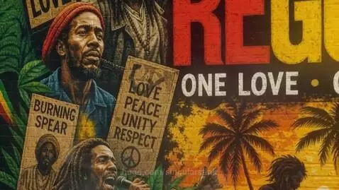 Animated reggae mural with Bob Marley, palm trees, and vibrant colors, set to reggae music.