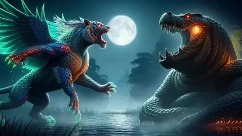 Winged crystal tiger roars at a massive armored Swamp Colossus in a misty marsh under a full moon.