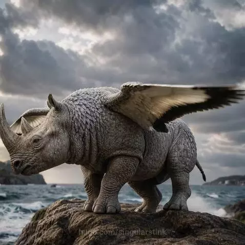 A rhinoceros with large white and black seagull wings taking flight from a rugged coastal cliff over turbulent ocean waves.