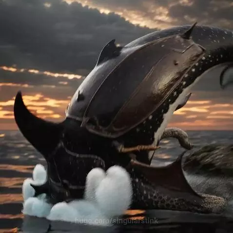 Hybrid orca-dragon creature with bat ears battling a giant octopus underwater with light rays.