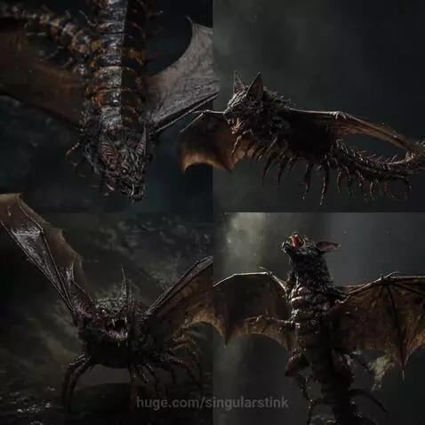 Hybrid bat-like monsters with glowing red eyes fighting in a dark, moonlit sky.