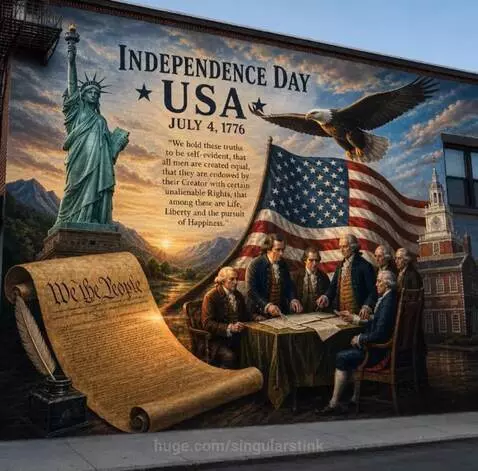 Hyperrealistic Independence Day mural animation with waving flag, eagle, and fireworks.
