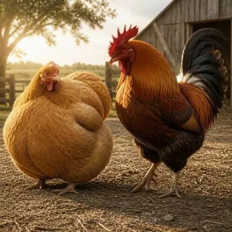 Rooster looking in disbelief at a small ostrich chick that hatched from a large egg.