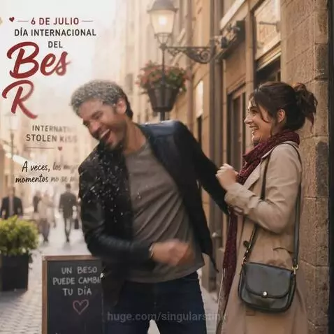 Young couple in a playful street interaction, woman playfully slaps man after he tries to steal a kiss, causing him to fall.