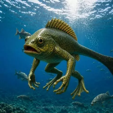 Ultra-realistic hybrid creature with fish scales, frog legs, and human arms emerging from water onto a beach.