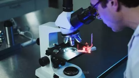 Scientist in lab coat surprised by glowing meme and effects seen through a microscope.
