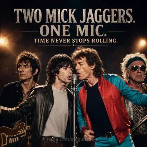 The Rolling Stones performing with two Mick Jagger figures sharing a microphone on stage under warm lighting.