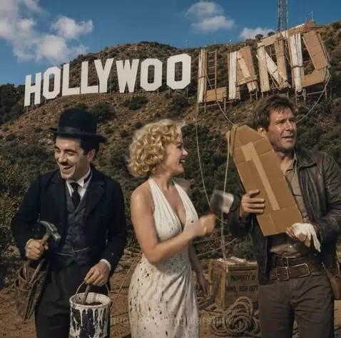 Charlie Chaplin, Marilyn Monroe, and Indiana Jones humorously building the Hollywoodland sign on a sunny hillside.