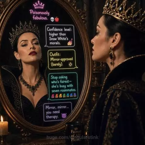 Snow White's Evil Queen in a black gown and crown looking into a golden mirror with glowing text bubbles.