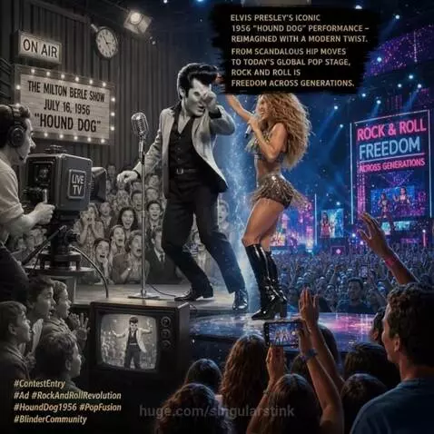 Elvis Presley and Shakira performing together on a modern stage with vibrant lights.