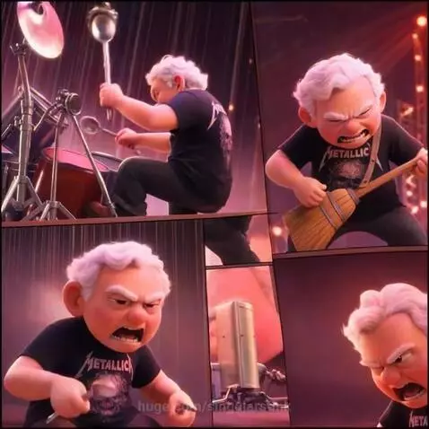 Animated elderly man in Metallica shirt headbanging and playing a broom guitar on stage with vibrant lights.