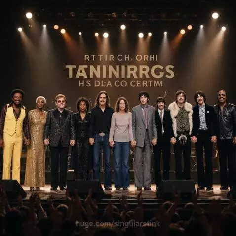 Eleven diverse, legendary musicians stand hand-in-hand on a brightly lit stage, facing an applauding audience.