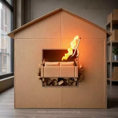 Cardboard house with window shattering as a sofa is launched out by a matchstick character.
