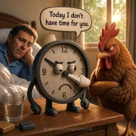 A man in pajamas lies in bed as a sad, bandaged cartoon clock with legs says 'Today I don't have time for you' to an angry rooster.