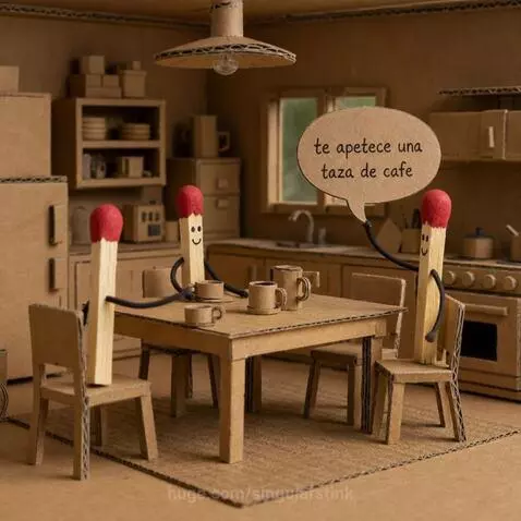 Cardboard kitchen scene with matchstick characters and a shocked coffee maker about to jump out a window.