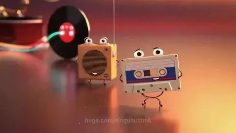 Animated blue Walkman with orange headphones dancing, showing music device evolution from vinyl to digital.