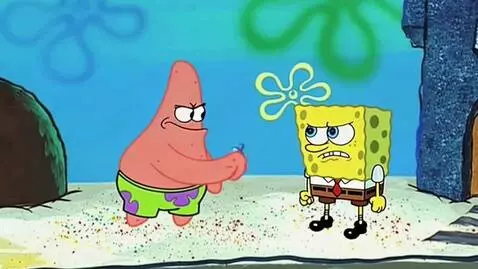 Patrick Star scolds an angry SpongeBob SquarePants with a flower above his head.