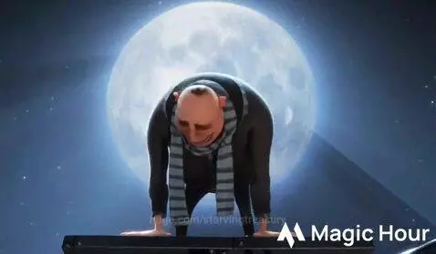 Animated character Gru crying loudly with his mouth open under a large full moon.