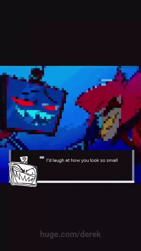Pixel art animation of a blue TV-headed character dominating a red demon character from Hazbin Hotel.