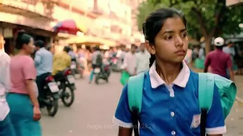 Young schoolgirl in uniform with backpack walking on a busy street market.