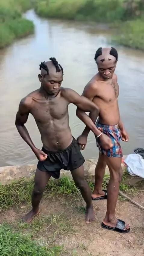 Two shirtless men with unique hairstyles laughing and dancing energetically by a lush green stream.