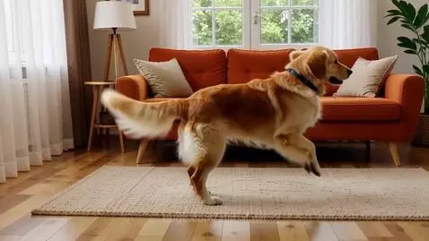 A golden retriever dog with a blue collar playfully dancing and wagging its tail on a light-colored rug.