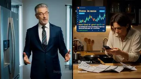 Split screen showing a financial guru presenting and a woman analyzing financial data on her phone and papers.