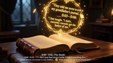 Close-up of an old leather-bound book with glowing golden magical text lifting off the pages.