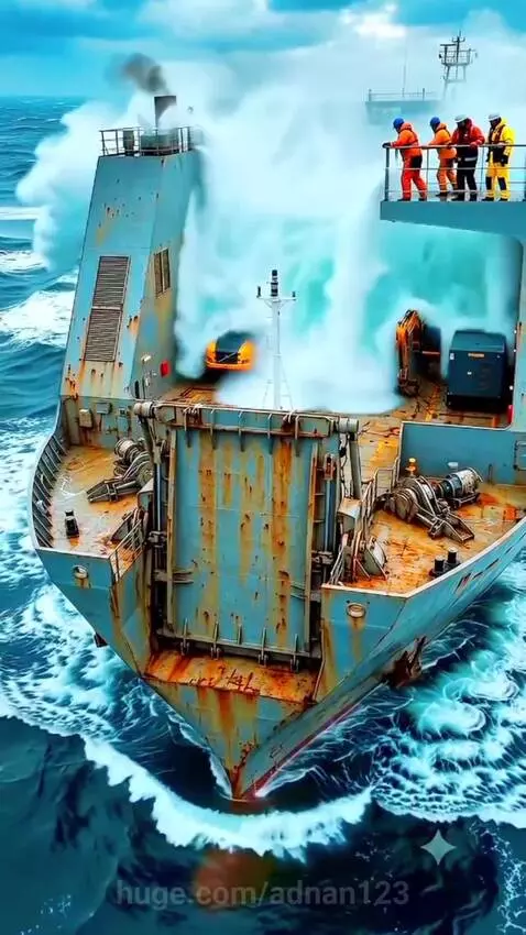 Cargo ship navigating rough seas, a large wave crashes over the deck with vehicles and crew visible.