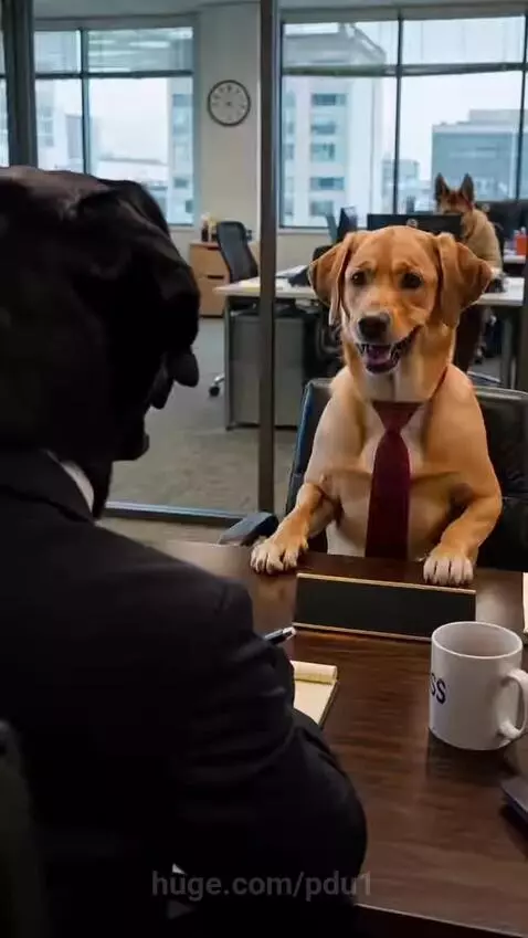 A black Labrador HR manager interviews a golden retriever applicant in a humorous office setting with dogs as employees.