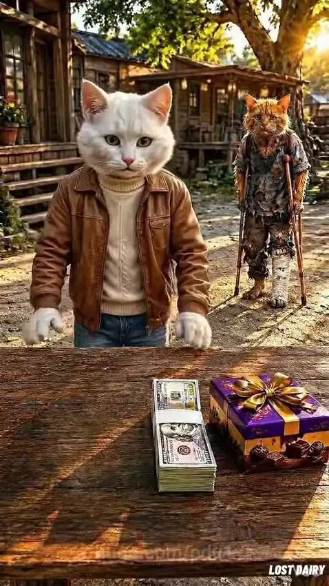 Anthropomorphic white cat in a brown jacket gives money to an orange cat on crutches, then opens a gift box filled with money.