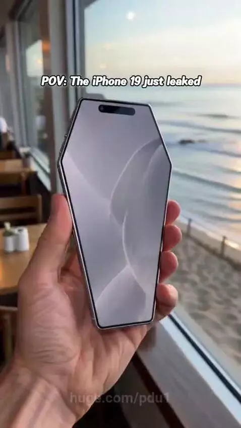 Leaked iPhone 19 smartphone with coffin shape, triple camera, and abstract wallpaper displayed in a cafe.